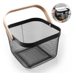 メーカー直送木製ハンドル収納ワイヤーメッシュフルーツバスケット中空ピクニック収納バスケット鉄製ポータブル収納バスケット