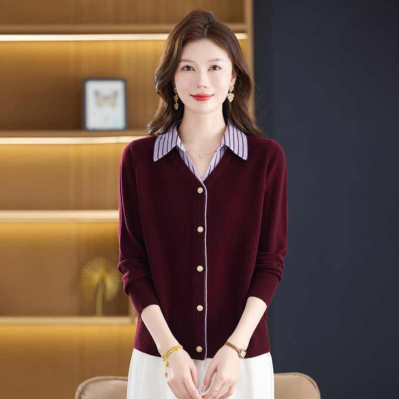 时尚春秋新款翻领假两件开衫全毛针织时尚拼接寸衫领休闲百搭毛衣，女装针织衫/毛衣，妃慕昵服饰