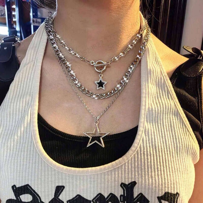 European and American Small Jewelry Retro Punk Stylish Thick Chain Five-Pointed Star Hip-Hop Rock Necklace Set