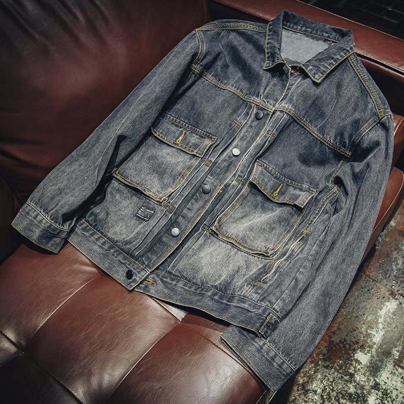 Spring and Autumn Men's Loose Trendy Brand Ins Work Jacket Black Japanese Retro Denim Top