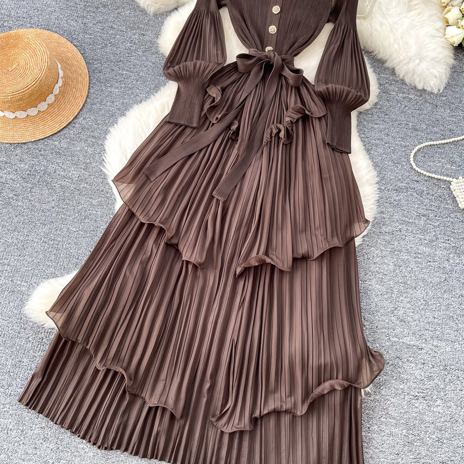 Korean Style Lantern Sleeve Dress, Women's Fitted Waist Tie Ruffle Pleated Cake Skirt, Slimming Long Skirt_ecoleips.com