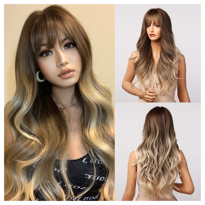 European and American style chocolate brown gradient wig bangs big wave long curly hair full head cover manufacturer in stock wigs