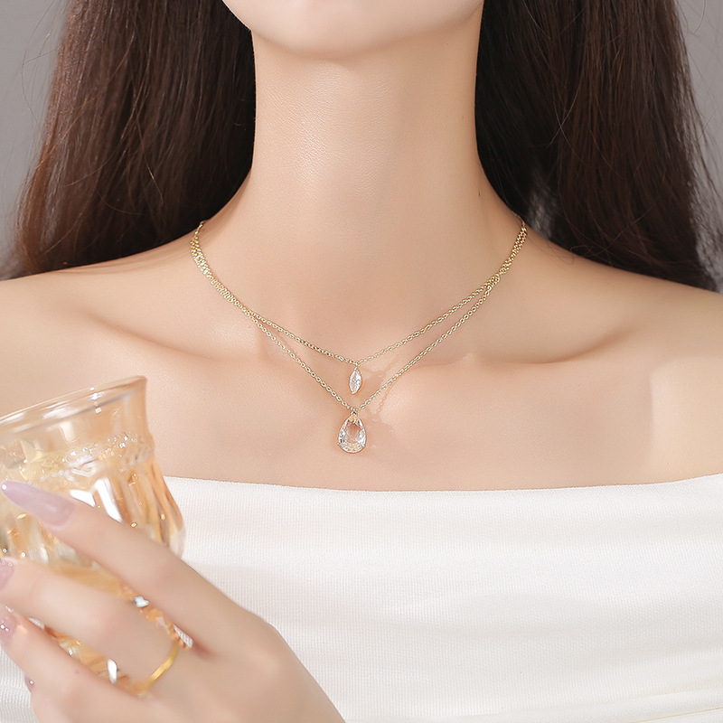 Sparkling Crystal Teardrop Necklace For Women Double Layer Chain_voghion.com