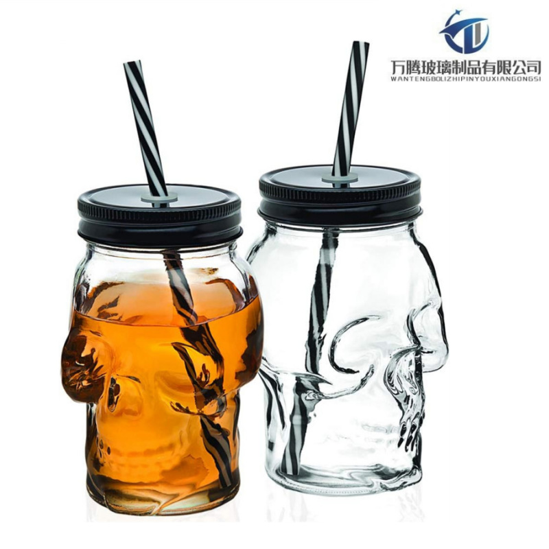 跨境批发玻璃瓶马克杯16oz万圣节创意水杯咖啡杯骷髅头梅森罐