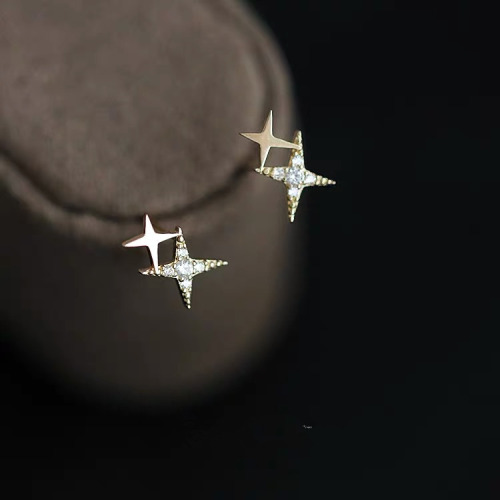 s925 sterling silver plated 14k gold inlaid diamond four-pointed star earrings glossy zircon small simple versatile earrings for women