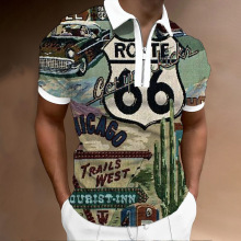 欧美新品美国66号公路3D印花男士潮流时尚透气套头POLO上衣短袖