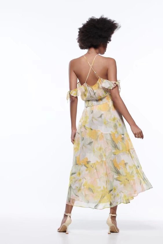 Print cross sling backless slim long off-shoulder Dress NSAM126110