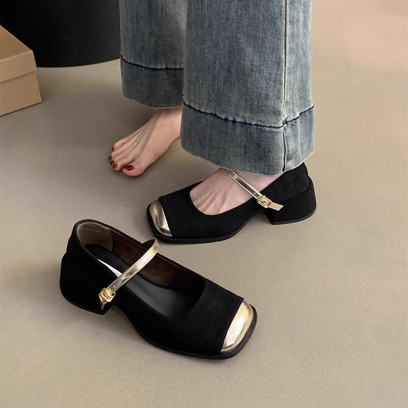 2024 New Thick Heel Single Shoes for Women Korean Style Versatile High Heels Strap Shallow Mouth Square Toe Mary Jane Women's Shoes