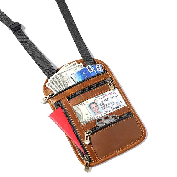 Crazy Horse Leather Neck-Hanging Chest Passport Holder for Travel, Office Use, Pen, Phone, Ticket, Business Card, Card, and Coin Storage Pouch
