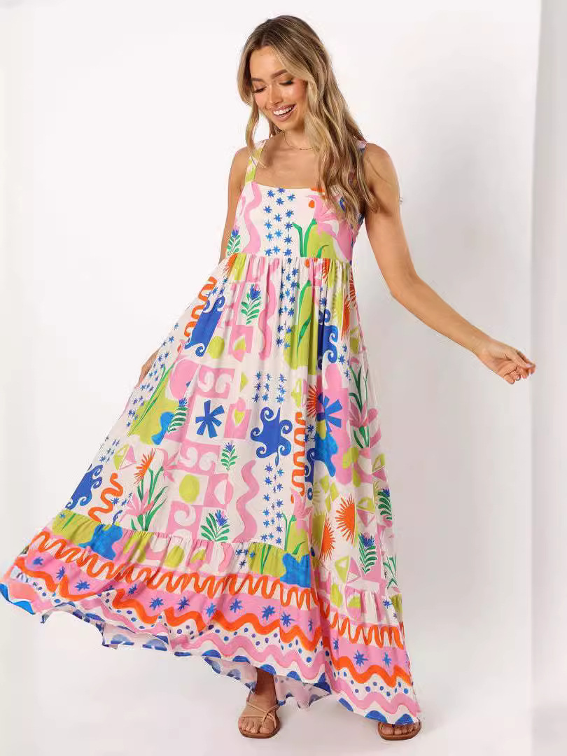 Vestido largo con tirantes y estampado floral, falda amplia – Producto para Amazon