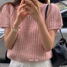 【Merry May】甜美少女  韩国代购 2022秋  后背纽扣短袖针织衫
