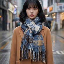 复古风仿流苏披肩保暖百搭厚款格子围巾女冬季韩版围脖学生圆领