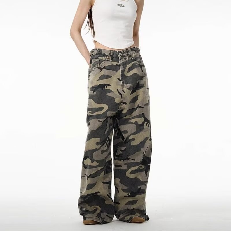 American Retro High Street Loose Tactical Camouflage Casual Pants Men's Straight Wide Leg Washed Tooling Jeans Trendy