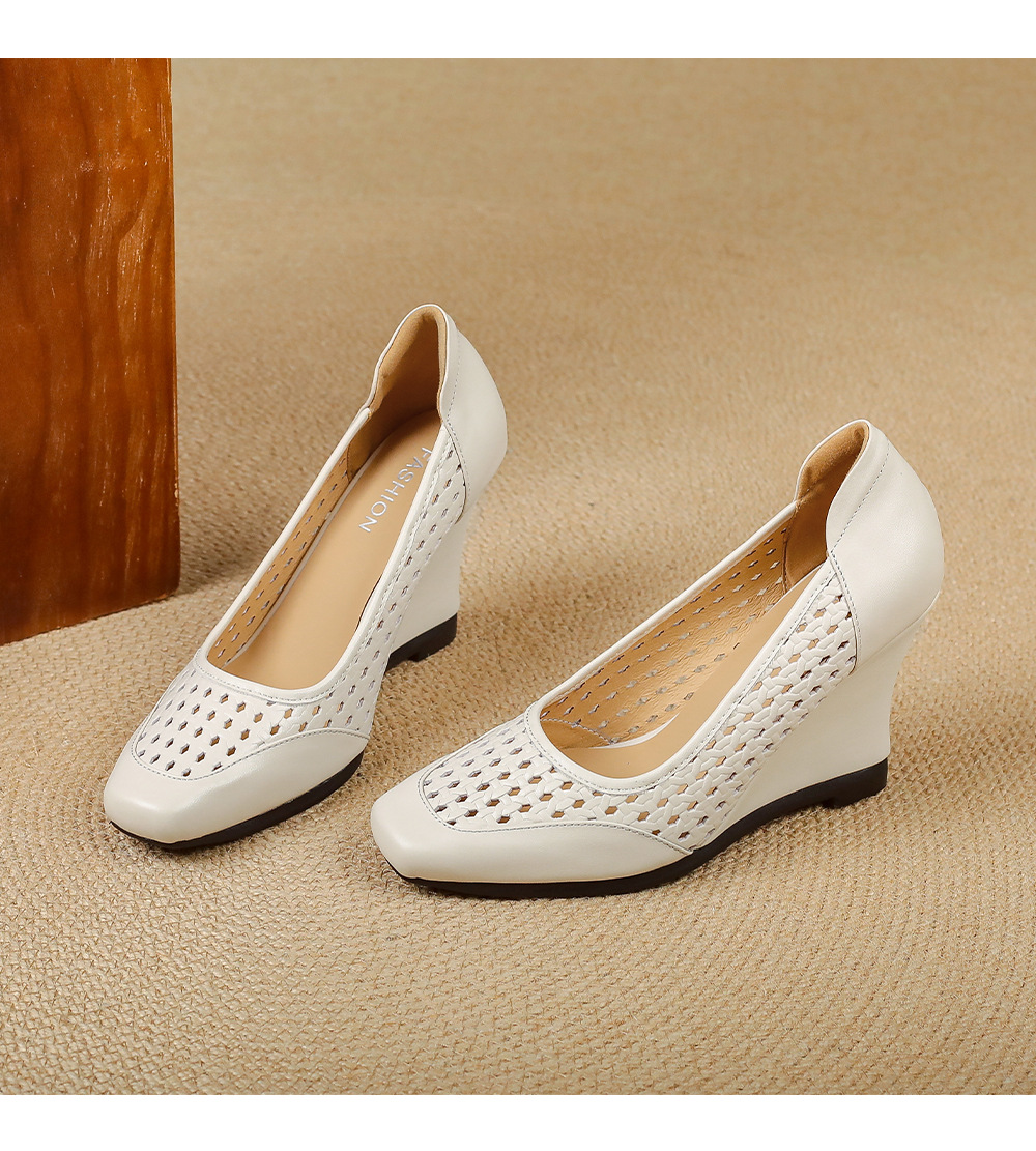 Giày sandal nữ da thật mũi vuông gót xuồng thấp, xỏ chân thoáng khí đi làm — màu trắng ngà, màu mơ chi tiết 15