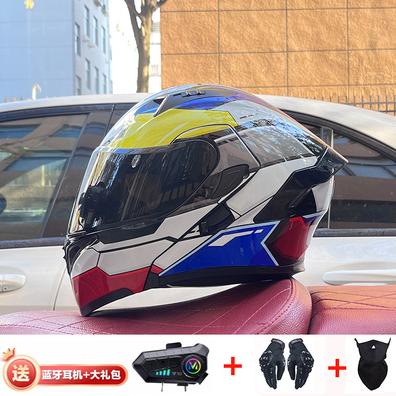 Casco de exposición Orz para hombres y mujeres invierno Doble espejo coche eléctrico semi-Casco completo cola de color coche deportivo ranura Bluetooth cuatro estaciones casco