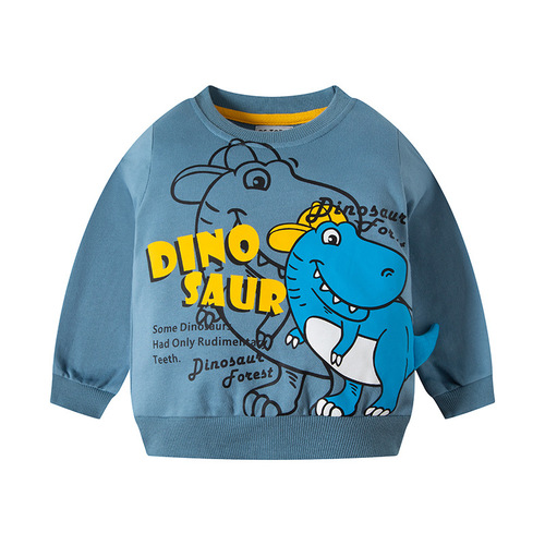 2025 Autumn New Be Top Children's Cartoon 3D Dinosaur Boys' Sweatshirt Pure Cotton Crew Neck Knit Top