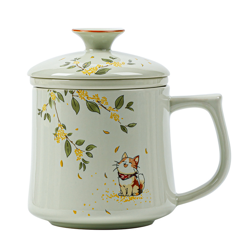 Taza de oficina de separación y filtración de té gris de vegetación, cerámica de gatito de Osmanthus dulce, taza de té con tapa individual
