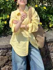 黄色の100亜麻のシャツの女性2025春夏の韓国版は薄いタイプの日焼け止めのシャツのchiの上着を合わせます。