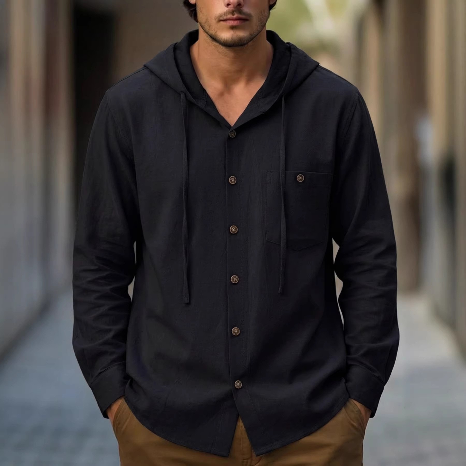 Monochrome Man- Monochrome Man- Cross-Border Amazo Cotto-Lie Pocket-Decorated Log-Sleeve Shirt, Sprig Ad Autum Me's Beach Casual Hooded_voghion.com