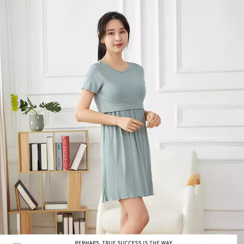 New modal maternity dress thin round neck short sleeve Maternity Nursing Home dress chest pad-free nightdress outer wear New modal maternity dress thin round neck short sleeve Maternity Nursing Home dress chest pad-free nightdress outer wear