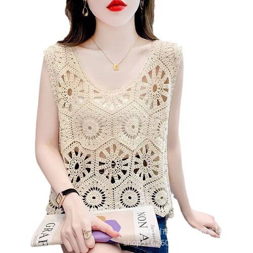 Autumn Ethnic Style Hollow Crochet Floral Fashionable Age-Defying Versatile Unique Design Round Neck Sleeveless Women's Vest Top