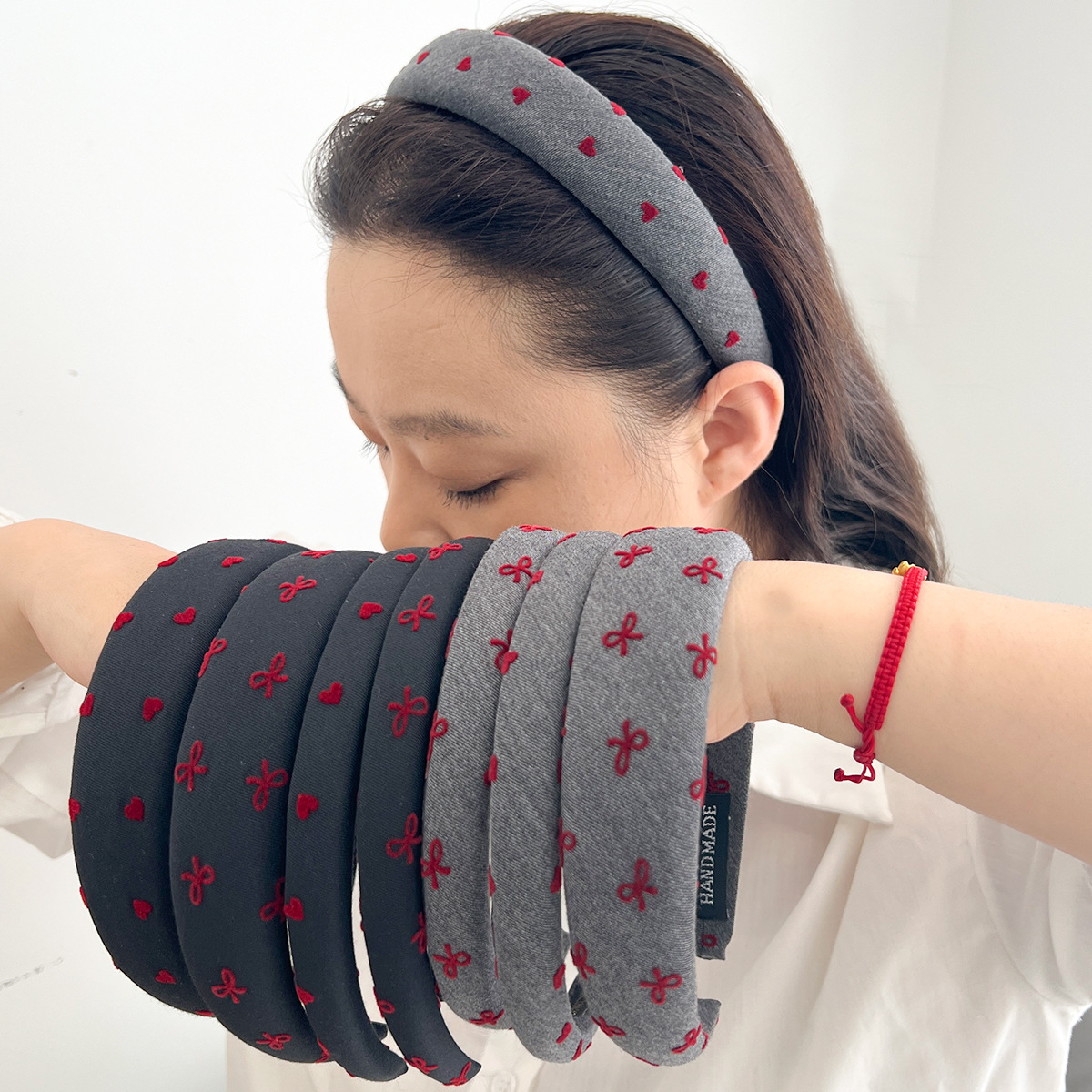 韓國新款紅色波點愛心蝴蝶結灰色發箍 復古時尚高顱頂頭箍髮飾女