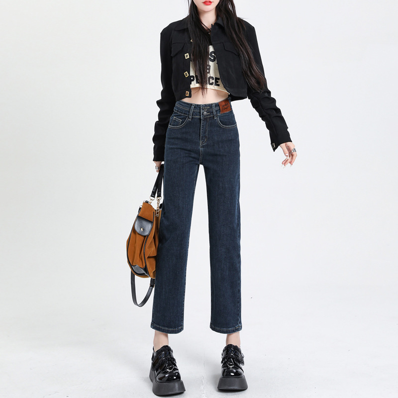 Cigarette Pants Straight-Leg Pants Fleece-Lined Jeans Women's Autumn and Winter New Style Petite High-Waisted Slimming Cropped Baguette Pants