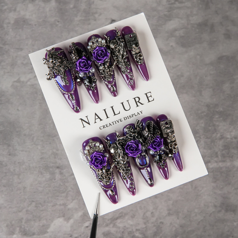 Purple-Toned Gothic European and American Style Fake Nails, Pointed Nails with Rhinestones, Dark Cool Style, Reusable Nails