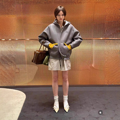 2025年南油秋冬miu*小绵羊皮字母logo男女同款连帽皮衣外套女潮牌