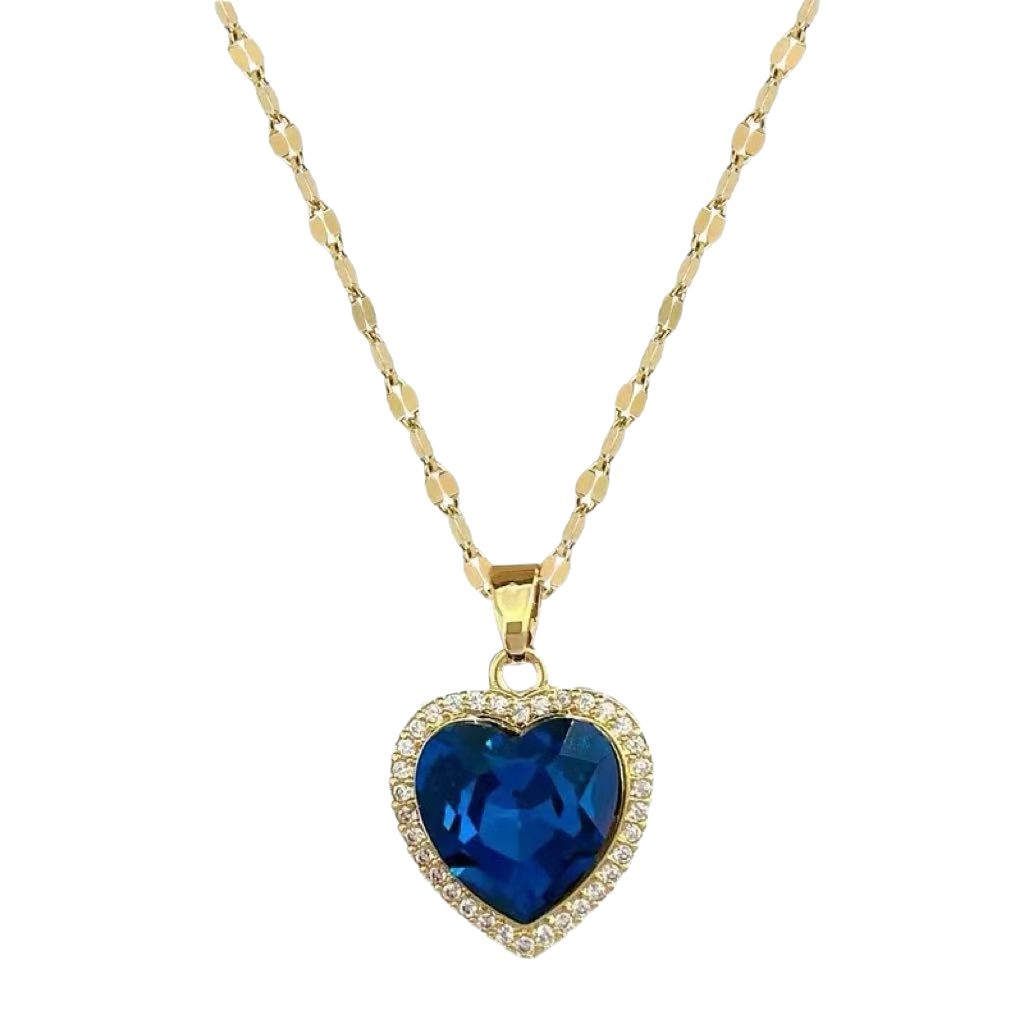 Titanium Steel Blue Diamond Heart-Shaped Clavicle Chain, Light Luxury Style Internet Celebrity Necklace, Versatile Full Diamond Jewelry