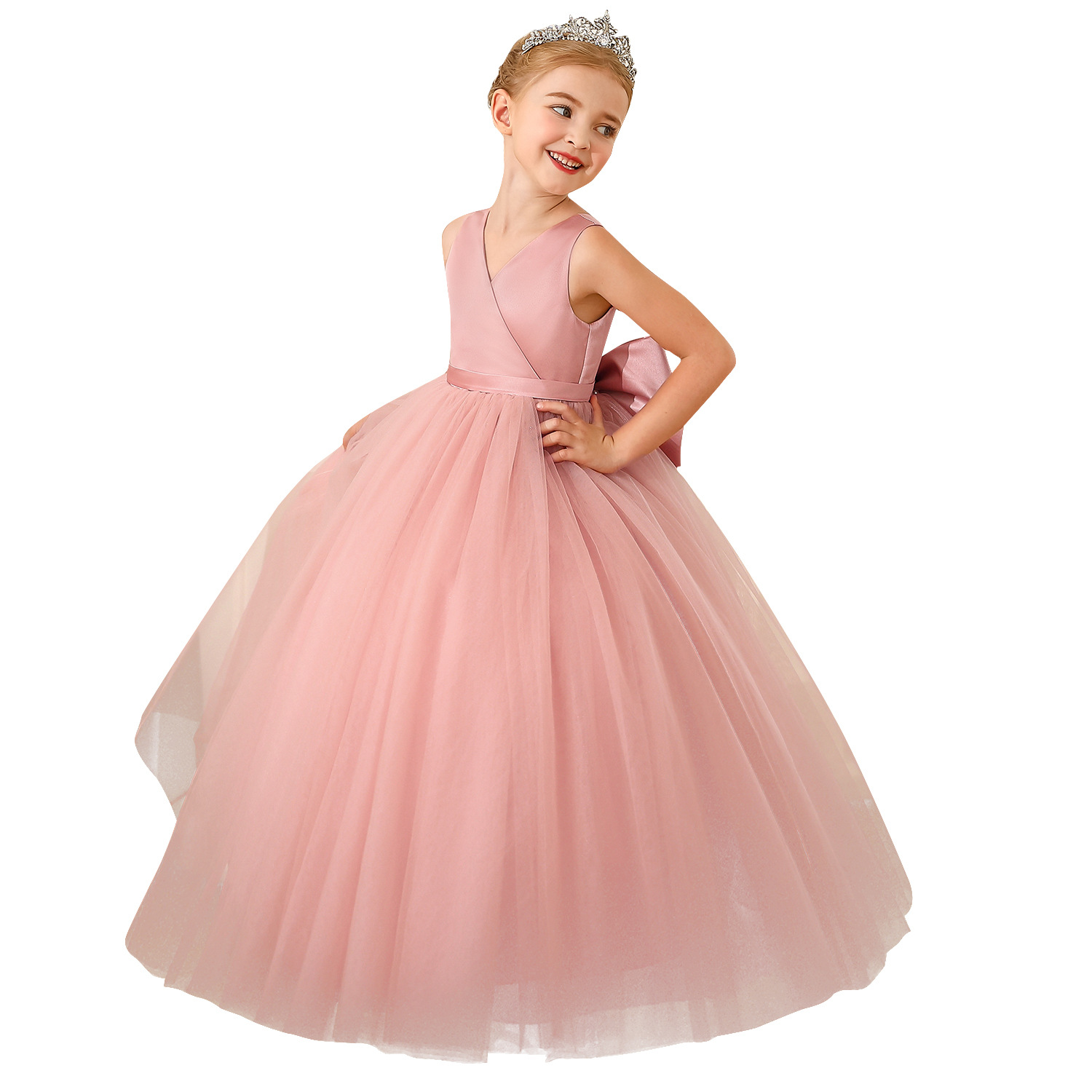 Vestido de Fiesta Infantil Transfronterizo, Sin Mangas, de Satén y Malla, Falda Tutú para Niñas, Vestido Largo para Niñas Pequeñas y Medianas