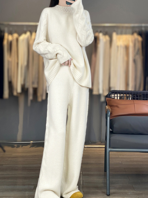 2026 Autumn and Winter New Pure Wool Three-Strand Thickened Crew Neck Knit Sweater and Twist-Pattern High-Waisted Wide-Leg Pants Two-Piece Set 2026 Autumn and Winter New Pure Wool Three-Strand Thickened Crew Neck Knit Sweater and Twist-Pattern High-Waisted Wide-Leg Pants Two-Piece Set