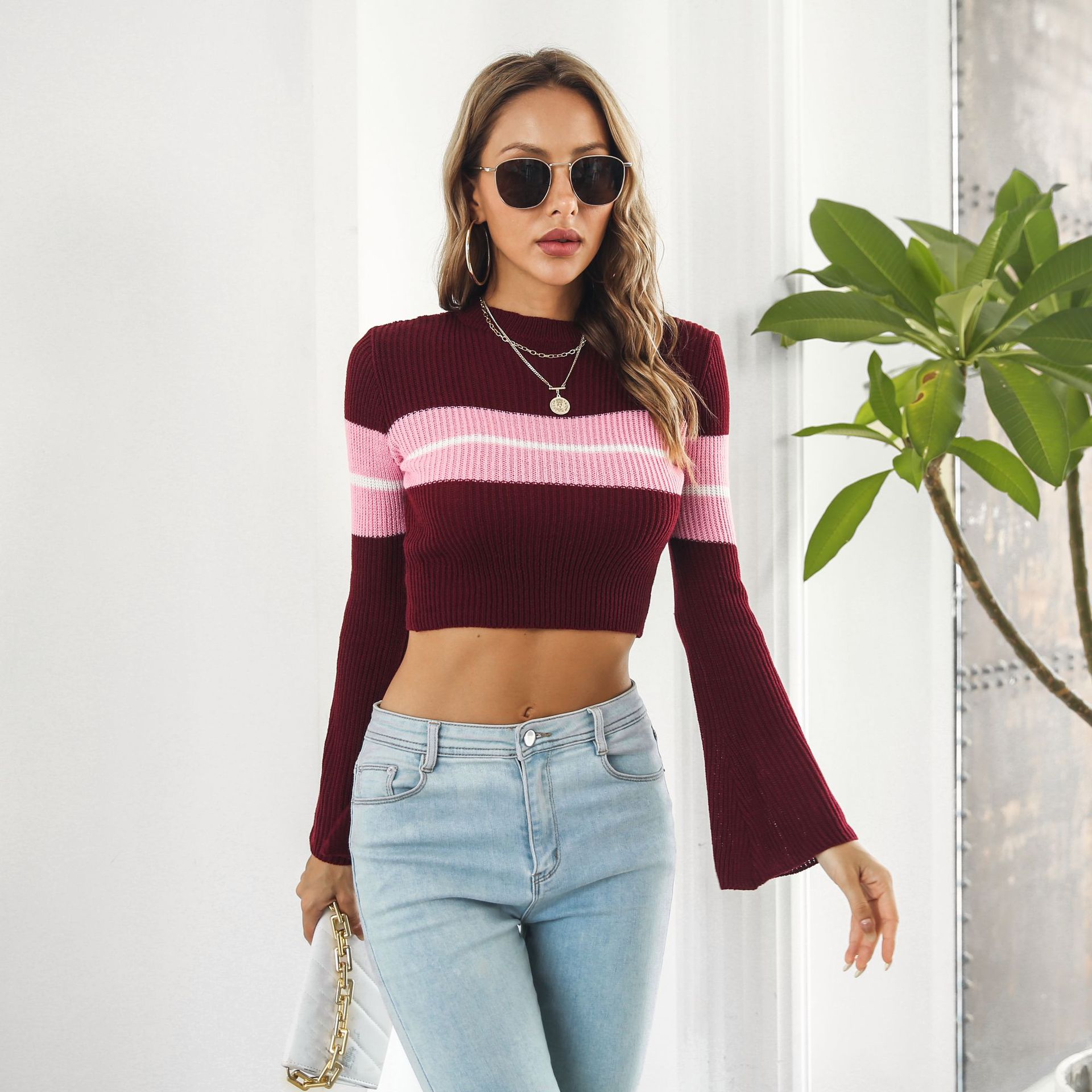 Striped Color Contrast Short Sweater Women Autumn Winter Long Sleeve Sweater Women Clothing