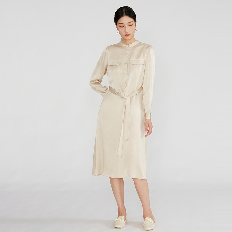 22 Mmi Pearl Satin Texture Heavy Silk Long-sleeved dress Women's Workwear Solid Color Mulberry Silk Shirt Dress