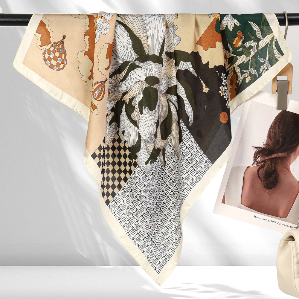 Pañuelo de seda de imitación a cuadros retro 70, babero floral de moda de nicho, chal, bolso de mujer, pañuelo de seda, regalo de mano