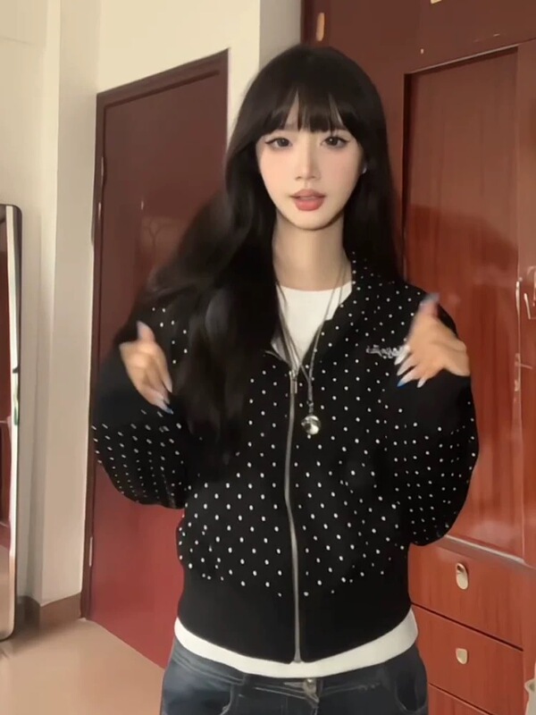 美式辣妹风波点满印连帽短款卫衣女秋季2025新款休闲百搭开衫外套|undefined