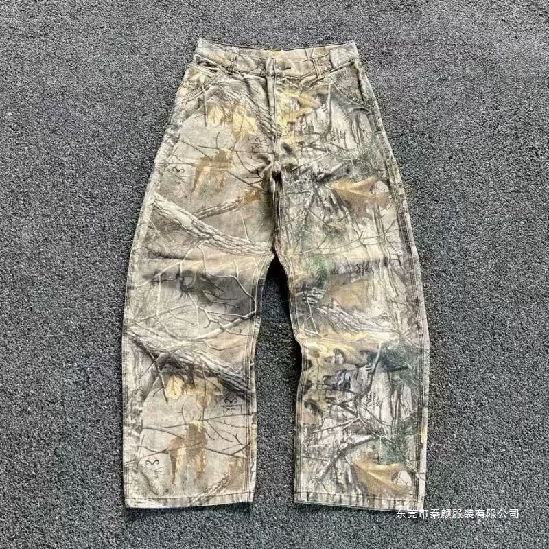 Cross-Border 2025 Carhartt Summer Washed Camouflage Pants Branch American Distressed Wide-Leg Loose Straight Jeans
