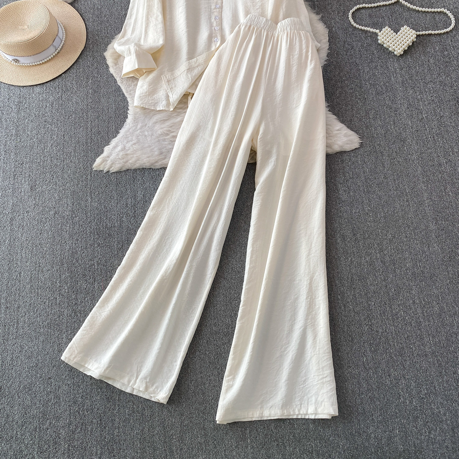 Mambo Mint Green Women's Clothing Set Refreshing Skin Friendly Breathable Loose Fitting Long Sleeved Shirt Jacket with High Waisted Wide Leg Pants_ecoleips.com