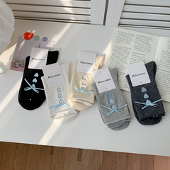 日系蝴蝶結愛心中筒襪子女生春秋可愛棉襪ins通勤休閒襪女士新款
