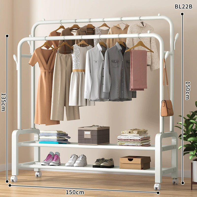 Simple indoor drying rack with double-row, adjustable height and wheels, space-saving hanger stand