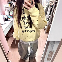 波点印花宽松圆领显瘦卫衣女秋黄色爱心小狗长袖加绒加厚外穿上衣