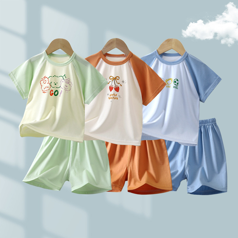 Yishimei Summer New Children's Unisex A-Class Seamless Tencel Lyocell Short-Sleeve Homewear Set for Kids