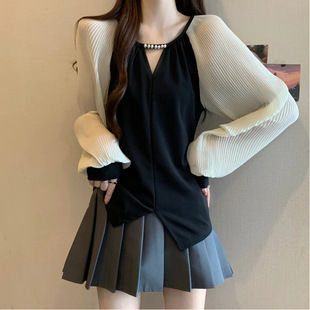 Autumn 2024 New plus size Women's Korean Fashion Bead Design Long Sleeve Stitching All-match Shirt Top