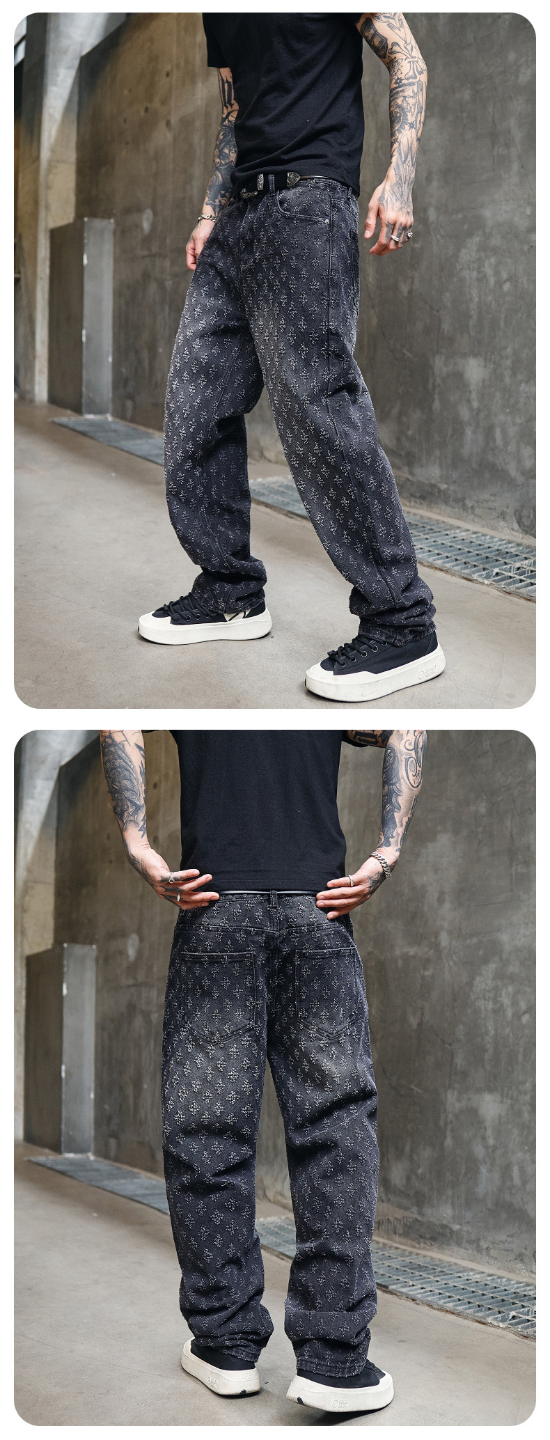 Herren Jeans Mit Jacquard Muster Weit Gerade Und Lässig Verwaschen_voghion.com