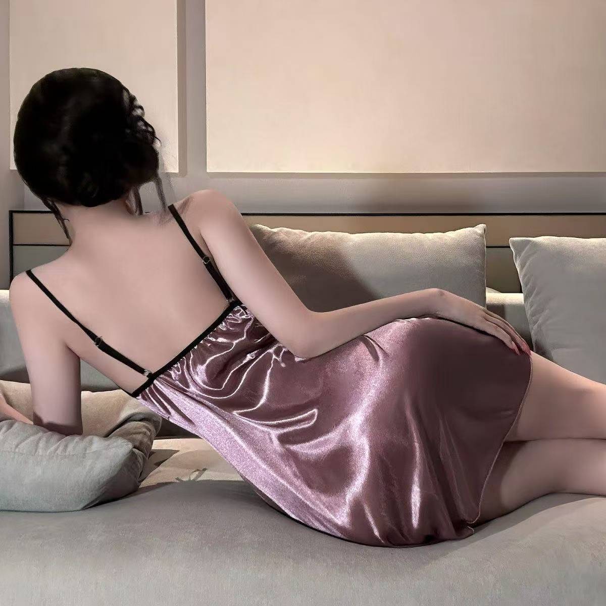 Ice Silk Satin V-Neck Camisole Nightdress Set with Chest Pads, Champagne One Size — detail image 6