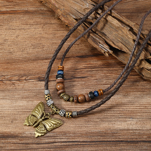 European and American Hot-selling Butterfly-shaped Wooden Beaded Double-layer Necklace Women's Retro Style Rope Clavicle Chain