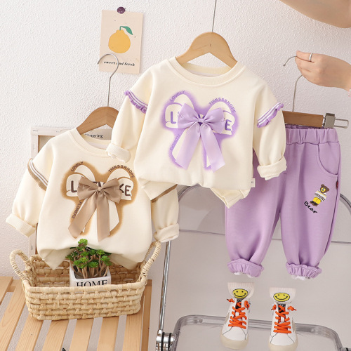 New Women's Children's Clothes  Autumn Large Bowknot Cute Round Neck Girl Baby Long Sleeve Infant and Toddler 0-5 Years 2 Pieces