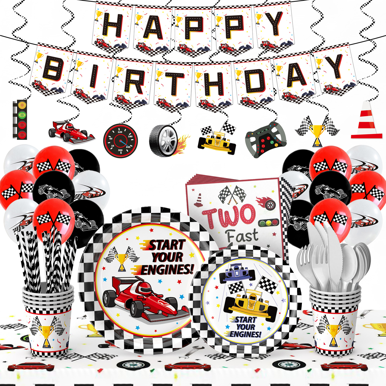 Nuevo Tema de carreras fiesta bandeja de papel taza de papel toalla de papel decoración traje niños cumpleaños bandera globo decoración suministros