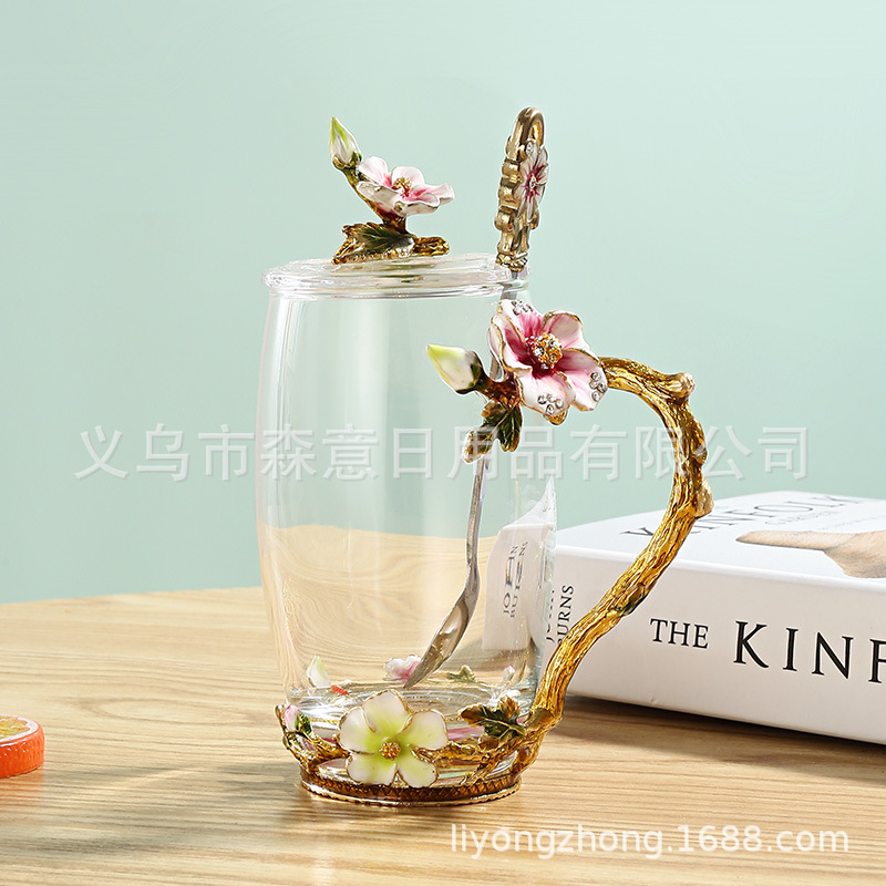 Esmalte taza de agua de color flor creativa taza de té taza de jugo taza de vidrio de cristal resistente al calor taza de café taza de pareja de gama alta regalo de la taza
