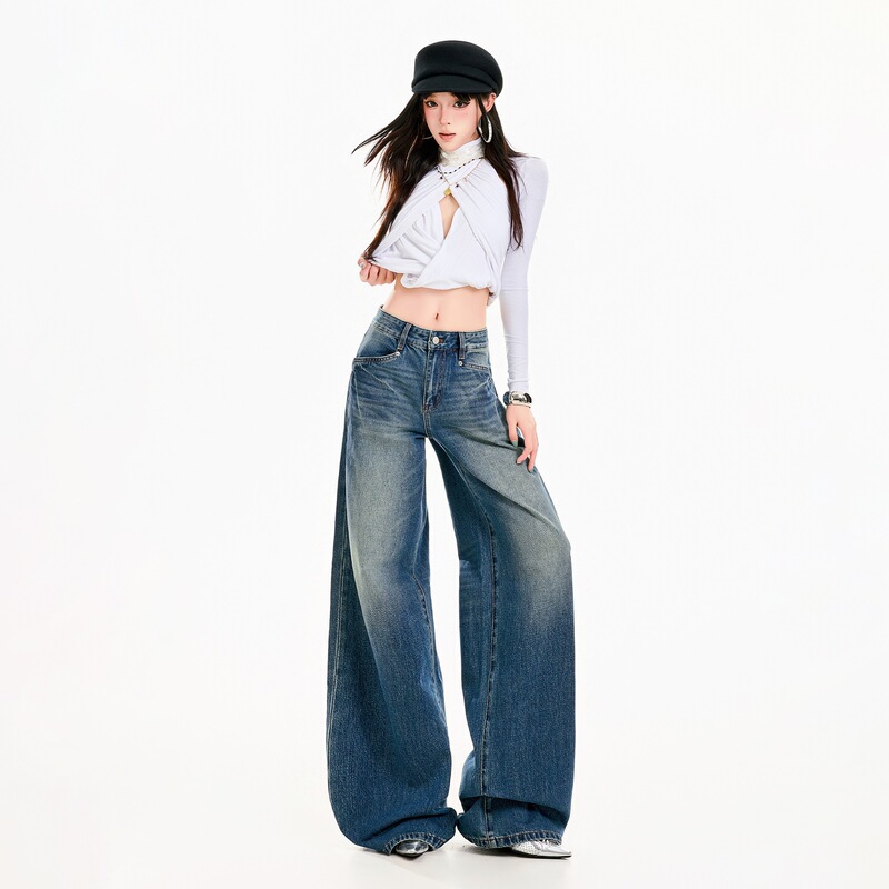 Cross-border 2026 women's wide-leg, flowing, washed denim jeans, American-style distressed wash, blue long pants, blue extended length, spring cotton Cross-border 2026 women's wide-leg, flowing, washed denim jeans, American-style distressed wash, blue long pants, blue extended length, spring cotton